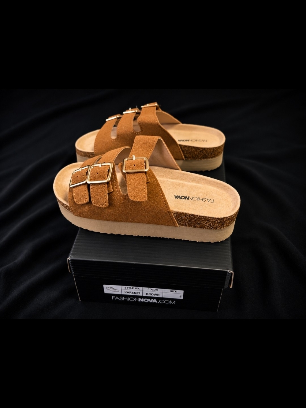 Fashion Nova Triple-Buckle Suede Slides in Camel Brown - Picture 2 of 3